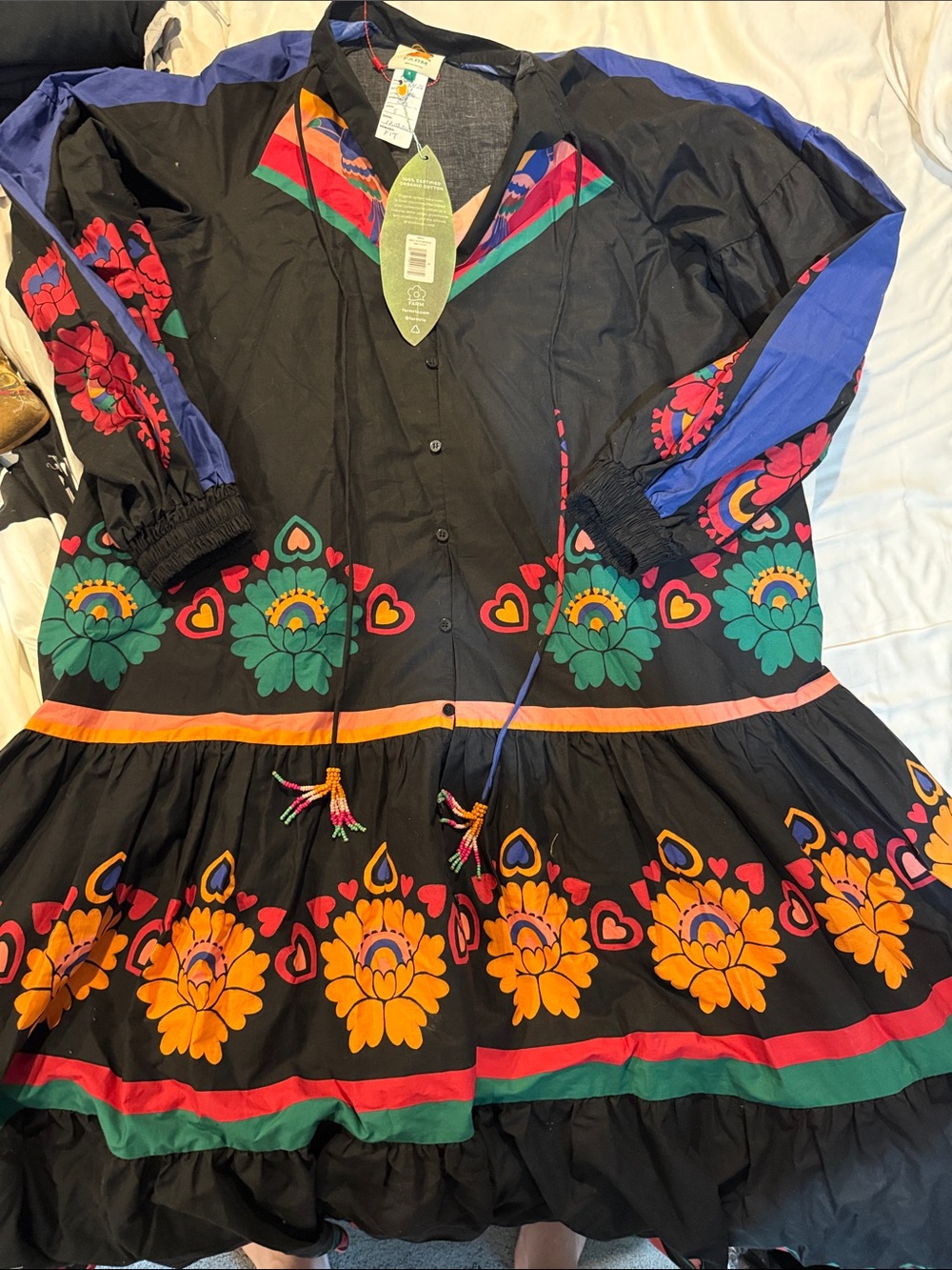 FARM Rio Black Tiered Floral Button-Front Dress with Bright Accents